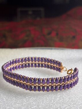 Handmade Purple and Gold Tone Beaded Woven Bracelet 7.5 inches